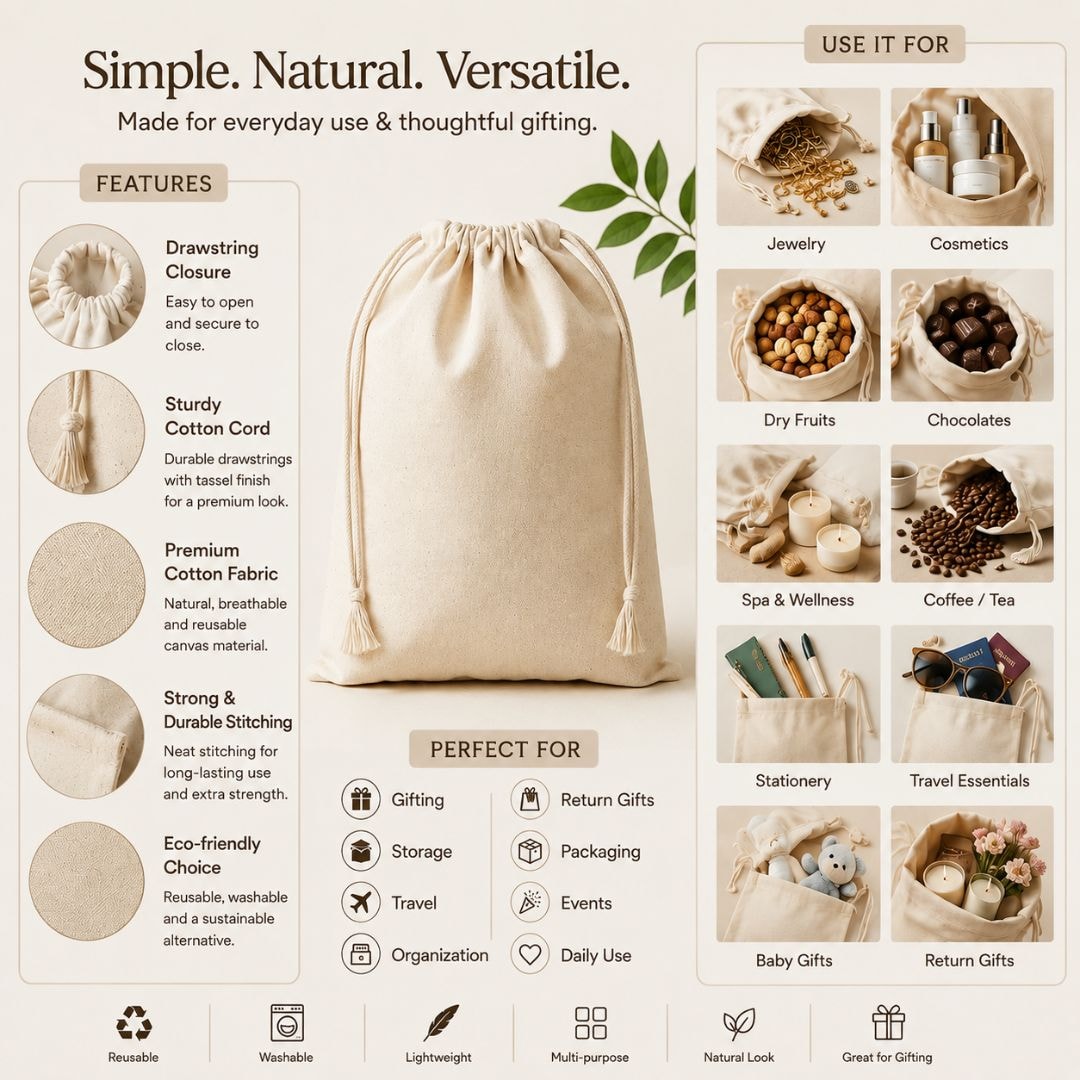 4x6 Inches Cotton Drawstring Bag | 150 GSM View 4