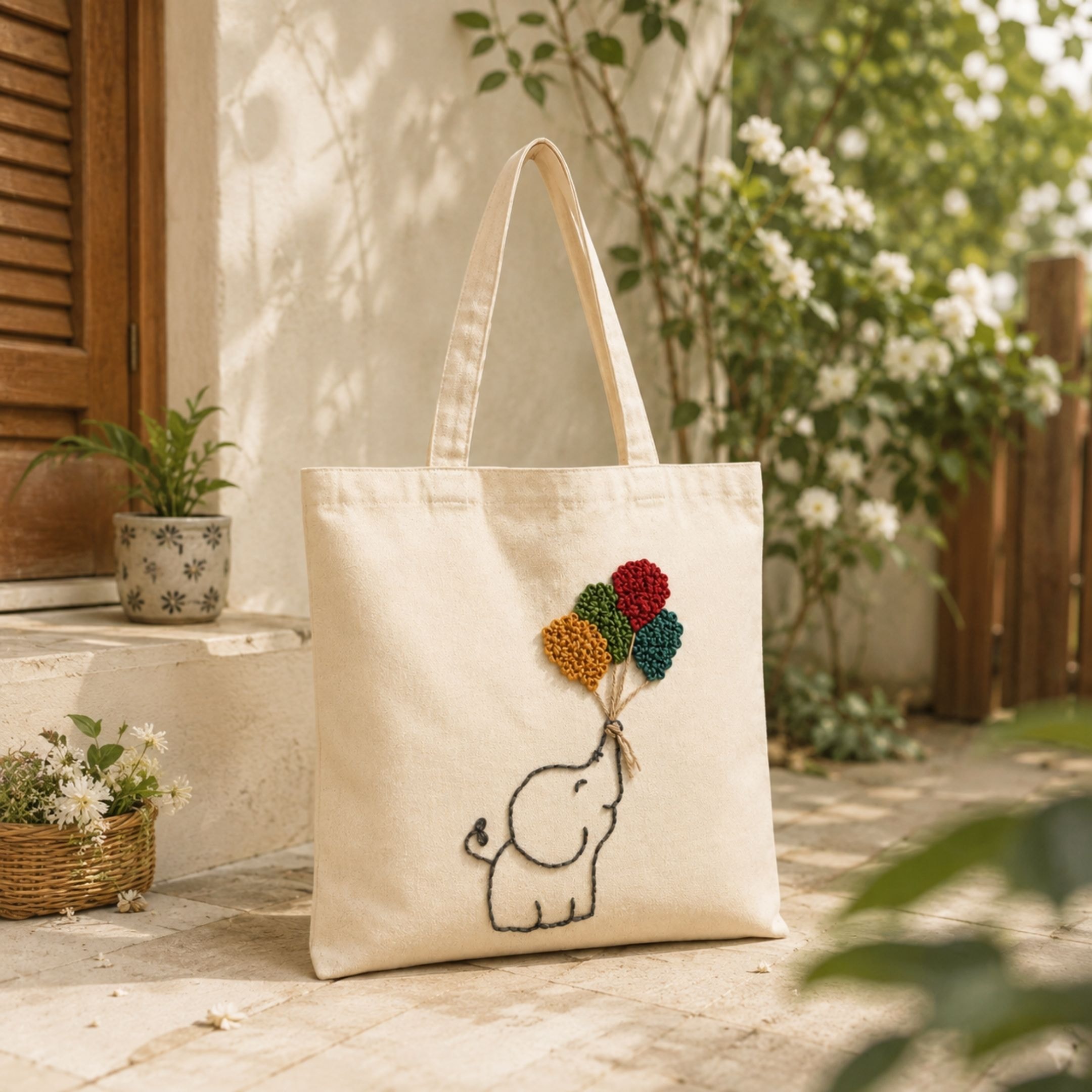 Elephant Bloom Handwork Tote Bag View 2