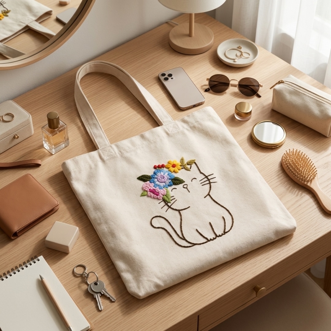 The Floral Cat Handwork Tote Bag alternate view