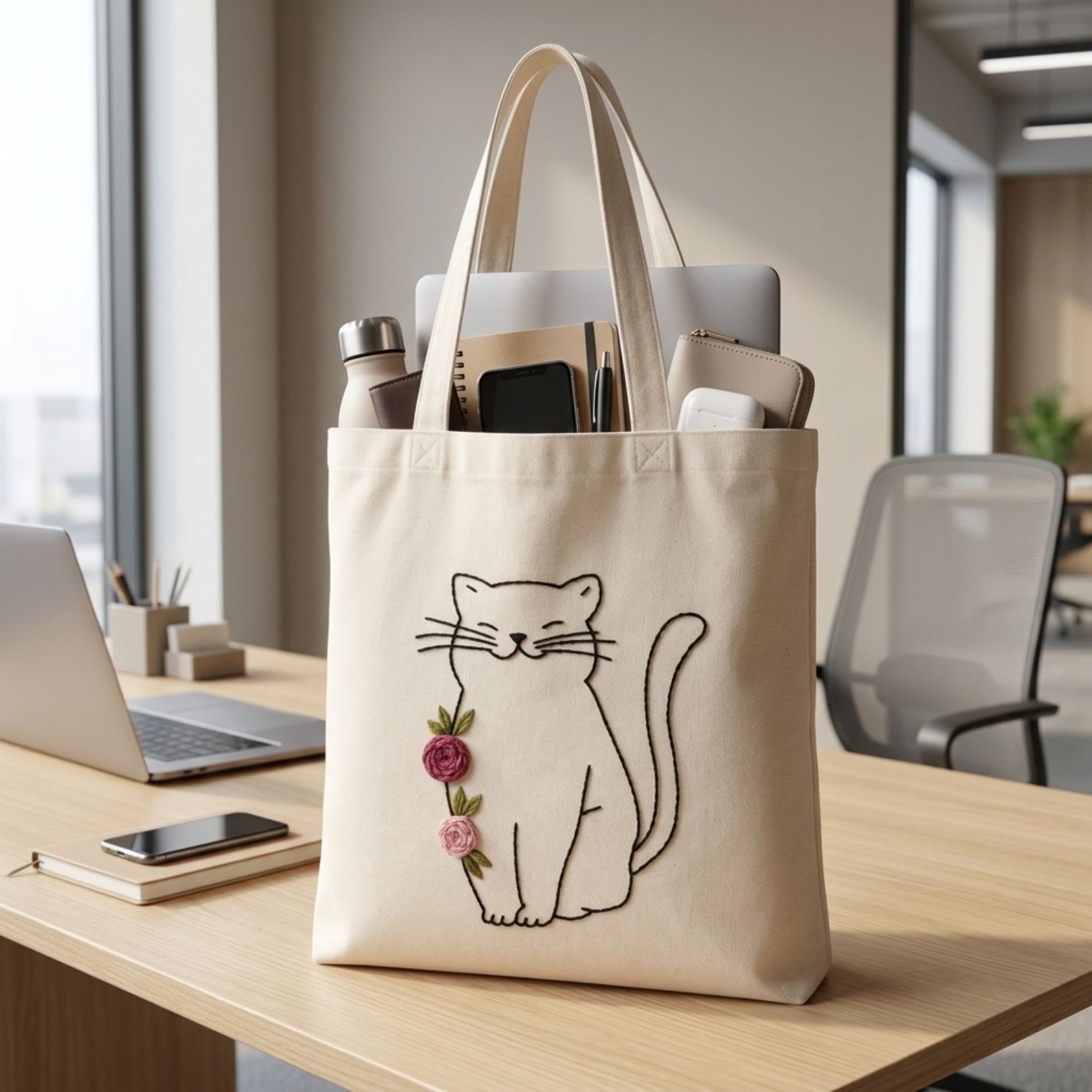 Floral Kitty Handwork Tote Bag alternate view