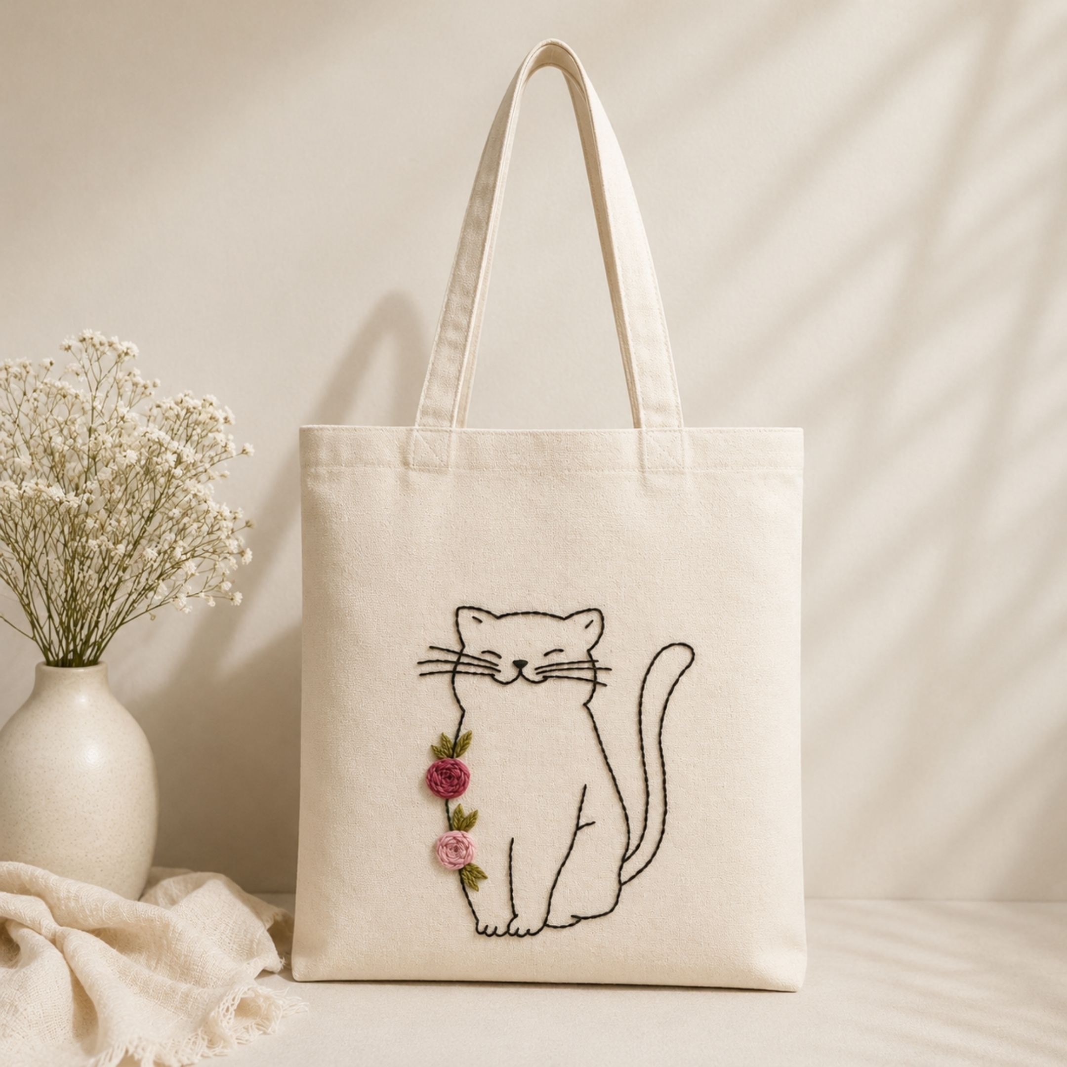 Floral Kitty Handwork Tote Bag alternate view