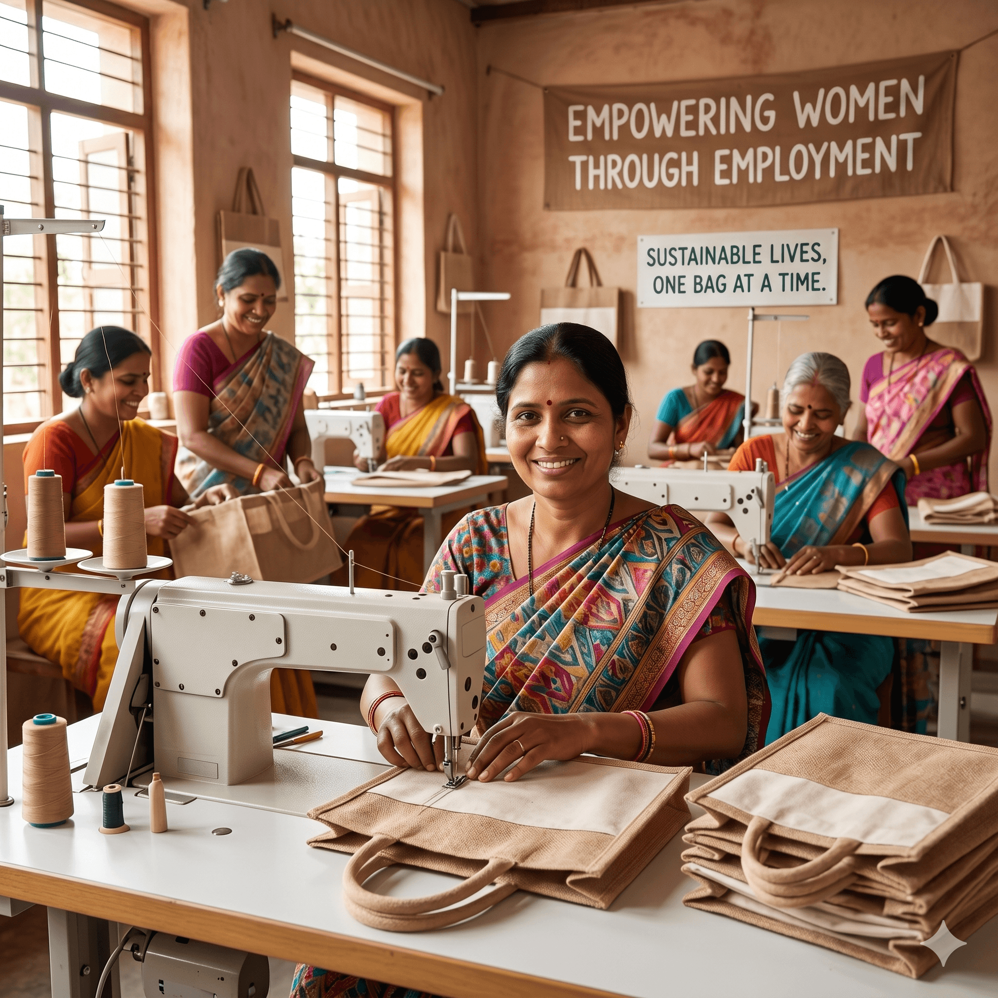 Women entrepreneurs crafting organic cotton bags